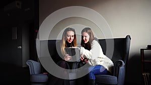 Elegant female friends use tablet and communicate among themselves during dinner and sit in gray chairs in stylish cafe