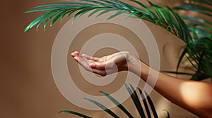 Elegant Female Hand Extended Gracefully Against a Warm Brown Background and Lush Green Leaves
