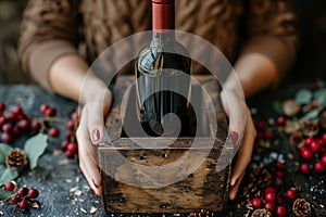 An elegant female hand holds a rustic wooden box, revealing an aged red wine inside.Arte com IA