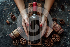 An elegant female hand holds a rustic wooden box, revealing an aged red wine inside.Arte com IA