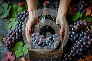 An elegant female hand holds a rustic wooden box, revealing an aged red wine inside.Arte com IA