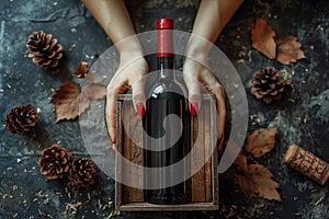 An elegant female hand holds a rustic wooden box, revealing an aged red wine inside.Arte com IA