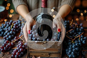 An elegant female hand holds a rustic wooden box, revealing an aged red wine inside.Arte com IA