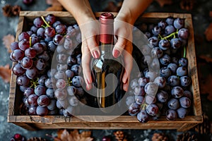 An elegant female hand holds a rustic wooden box, revealing an aged red wine inside.Arte com IA