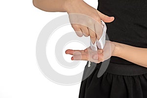 Elegant female kids hands in ballet pointe isolated on white background, dance dream concept, studio shot with copy space for