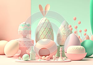 Elegant festive egg with bunny ears, pastel colored background, Happy Easter Theme, AI Generative illustration