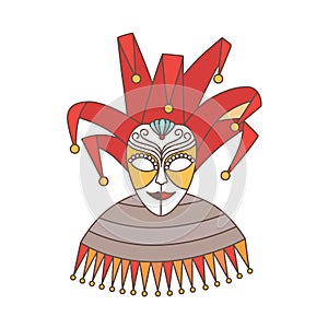 Elegant festive mask of jester or harlequin isolated on white background. Decoration for Venetian carnival, Mardi Gras
