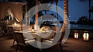 Elegant Fine Dining: Exquisite Table Setting at Luxurious Beachfront Resort