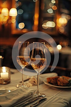 Elegant Fine Dining Table Setting with Wine Glasses and Candlelight in a Cozy Restaurant