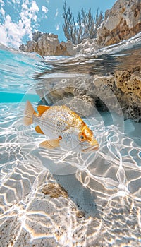Elegant fish gracefully swimming in crystal clear waters, stunning close up view