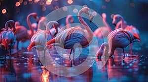 Elegant flamingos wading in lagoon, photorealistic style inspired by miki asai and marsel van oosten