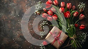 Elegant flat lay of red tulips and a gift wrapped in brown paper with a festive ribbon, set against a rustic dark wood background