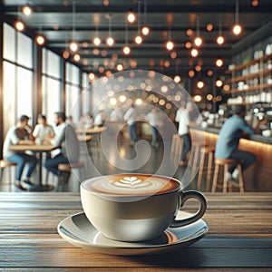 Elegant flat white in a white cup, blurred cafe ambiance in the background. AI generated. photo