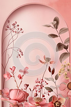 Elegant Floral Arrangement on a Pink Archway Background for Spring Decor photo