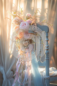 Elegant floral arrangement on a vintage chair, soft lighting., Generated AI