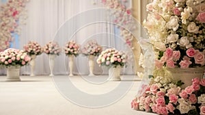 Elegant Floral Arrangements Decorating a Wedding Venue. Generative ai