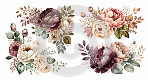 Elegant Floral Arrangements: Detailed Vector Illustrations of Blooming Flowers and Foliage, Perfect for Invitations