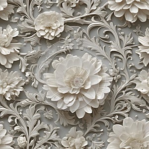 Elegant Floral Bas-Relief Carving with Daisies and Scrolls