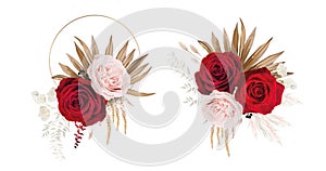 Elegant floral bouquet element. Red, light pink English roses, astilbe, dry palm leaves, lagurus, white leaves branch bouquet,