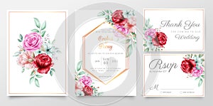 Elegant floral bouquet wedding invitation cards template set with golden decoration. Editable Save the date, invite,