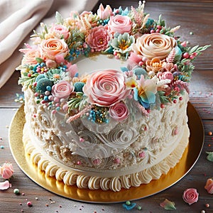 Elegant Floral Cake with Pastel Buttercream Flowers photo