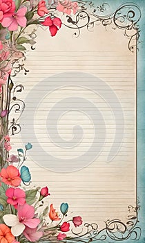 Elegant floral design adorns a lined notepad page, creating a charming and romantic stationery template. Perfect for letters, photo
