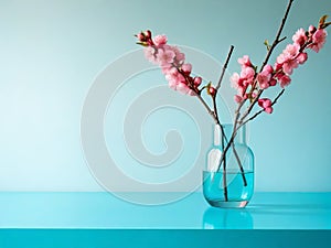 Elegant Floral Display: Glass Vase with Pink Blossoms, Flowers, and Twigs on Glass Table Near Empty, Blank Turquoise Wall.