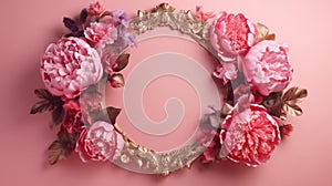 Elegant floral frame featuring peonies and roses on a pink backdrop, symbolizing love