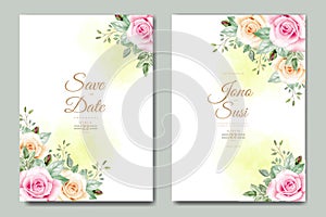 Elegant floral leaves watercolor wedding invitation card