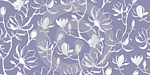 Elegant floral seamless pattern - branches with magnolia flowers. Repeat print with delicate petals.