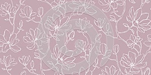 Elegant floral seamless pattern - branches with magnolia flowers. Repeat print with delicate petals.