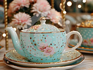 Elegant floral teapot with polka dots and gold accents photo