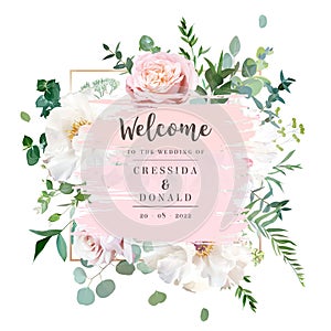 Elegant floral vector card with white and creamy woody peony, dusty rose