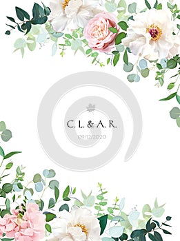Elegant floral vector card with white and creamy woody peony, dusty rose flower photo