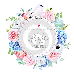 Elegant floral vector round card with pink and blue hydrangea