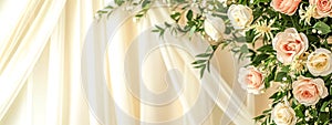 Elegant floral wedding backdrop with ivory drapery. copy space