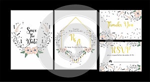 Elegant Floral Wedding Invitation Cards Template. Hand Drawing Flower and Branches Save the Date