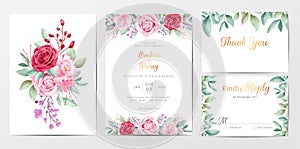 Elegant floral wedding invitation cards template set with flowers bouquet
