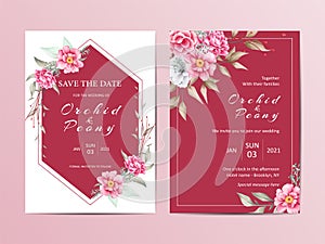 Elegant floral wedding invitation template set. Red background and watercolor flowers cards