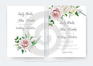 Elegant floral wedding invite card. Vector pink peony, cream white rose flowers, green leaves bouquet illustration. Stylish