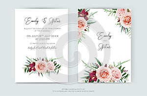 Elegant floral wedding invite, invitation, save the date card vector template design. Blush pink peach rose flowers, burgundy