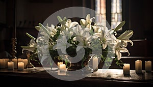 Elegant flower arrangement on wooden table indoors generated by AI