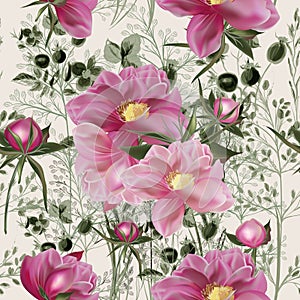 Elegant flower vector pattern with peony flowers. Vintage provance style