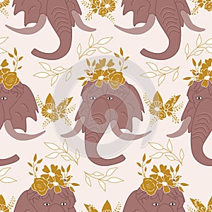 Elegant flowers, leaves and mammoths in a seamless pattern design