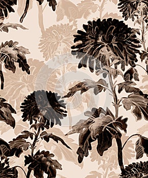 Elegant flowers and stems monochrome seamless pattern in brown tones.