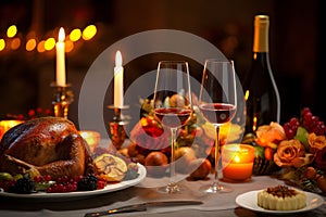 Elegant food, roast turkeys, wine glasses, candles and vegetables and fruits. Turkey as the main dish of thanksgiving for the