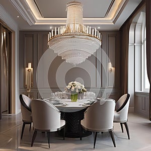 An elegant formal dining room with a grand chandelier and plush upholstered chairs1