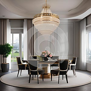 An elegant formal dining room with a grand chandelier and plush upholstered chairs2