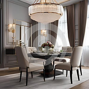 An elegant formal dining room with a grand chandelier and plush upholstered chairs3