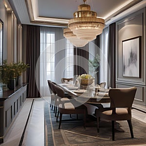 An elegant formal dining room with a large table and upholstered chairs1